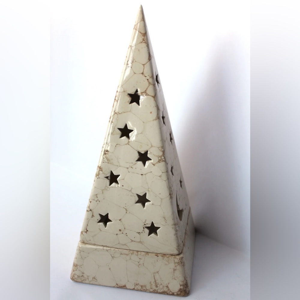 PartyLite Cream Marbleized Pyramid Candle Holder with Star & Moon Cutouts - Picture 2 of 4